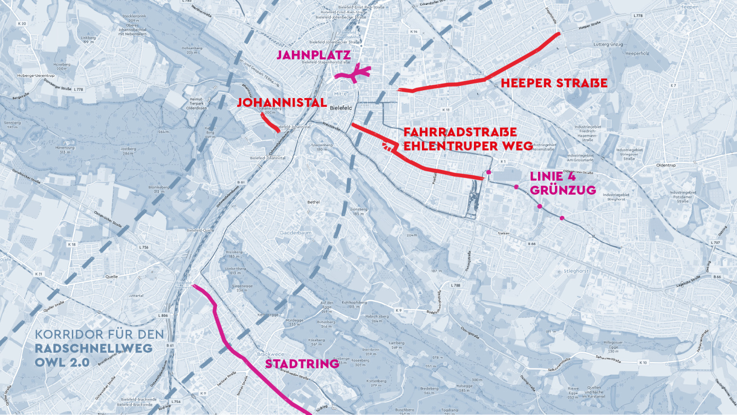 Bedeutende Radwege in Bielefeld eingezeichnet in einer Karte