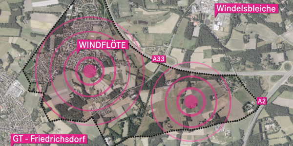 Ein Lageplan: Die Windflöte liegt zwischen der A 33, A 2 und dem Gütersloher Ortsteil Friedrichsdorf.